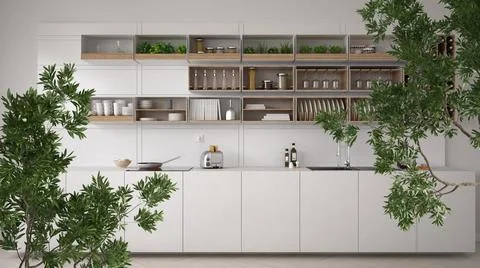 Green summer or spring leaves, tree branch over interior design scene. Natura Illustrazione stock
