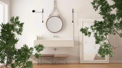 Green summer or spring leaves, tree branch over interior design scene. Natura Stock Illustration