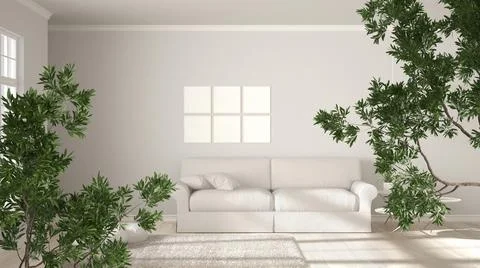 Green summer or spring leaves, tree branch over interior design scene. Natura Illustrazione stock