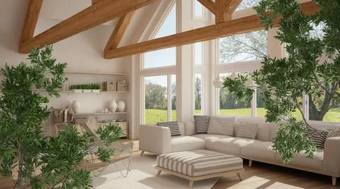 Green summer or spring leaves, tree branch over interior design scene. Natura Stock Illustration
