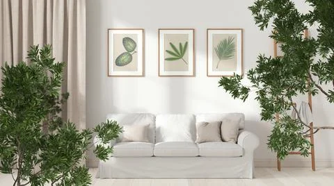 Green summer or spring leaves, tree branch over interior design scene. Natura Stock Illustration