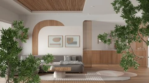 Green summer or spring leaves, tree branch over interior design scene. Natura Illustrazione stock