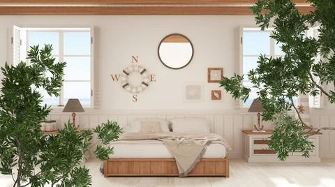Green summer or spring leaves, tree branch over interior design scene. Natura Stock Illustration