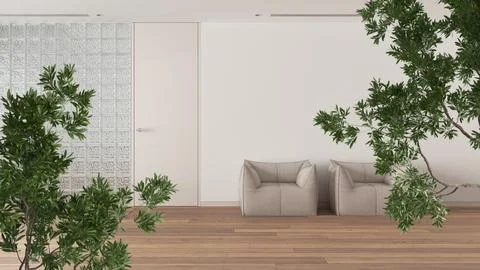 Green summer or spring leaves, tree branch over interior design scene. Natu.. Ilustração Stock