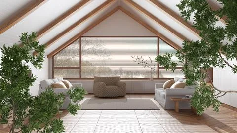 Green summer or spring leaves, tree branch over interior design scene. Natu.. Stock Illustration