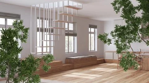 Green summer or spring leaves, tree branch over interior design scene. Natu.. Stock Illustration
