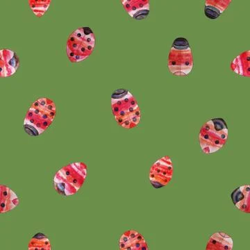 Green summer seamless pattern with beetles. Stock Illustration