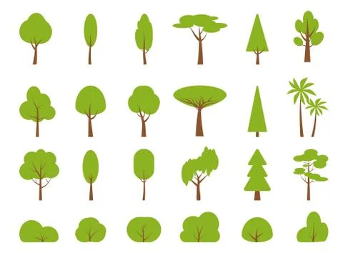Green summer tree flat bush forest icon vector set Stock Illustration