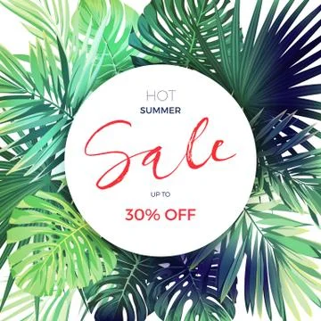 Green summer tropical background with exotic palm leaves and plants. Vector Stock Illustration