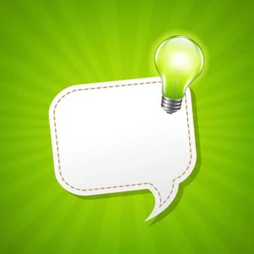 Green sunburst poster with speech bubble and lamp Stock Illustration