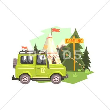 Green suv Parked Nest To The Camp Site Stock Illustration