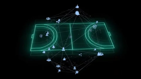 Green sweep starting left, forming glowing court plane inside node sphere, Stock Footage 329575907