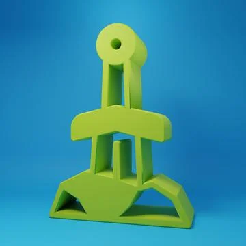 Green Sword in the stone icon isolated on blue background. Excalibur the sw.. Stock Illustration