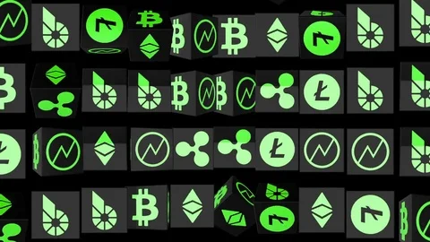 Green symbols rotate in a circle. pattern 2. close-up. icons of world crypto Stock Footage 83550736
