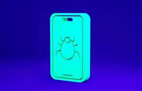Green System bug on mobile icon isolated on blue background. Code bug concept Stock Illustration