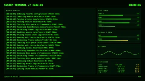 Green System Terminal Output Stream CPU Cores Process Monitor Dashboard. Video stock 347705246
