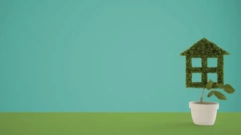Green table top or shelf with green plant in pot shaped like house, turquoise Stock Illustration