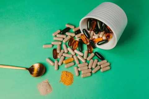 Green tabletop with an array of vitamin supplement capsules and pills and a spoo 스톡 사진