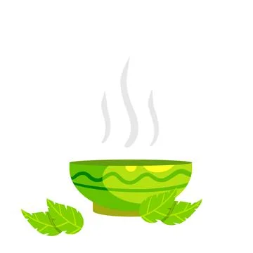 Green tea Cup and earthenware. Flat cartoon illustration with leaves. Stock Illustration