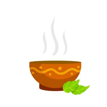 Green tea Cup. Brown earthenware. Flat cartoon illustration with leaves Stock Illustration