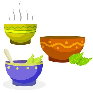 Green tea Cup. Set of Brown and blue earthenware. Flat cartoon illustration Stock Illustration