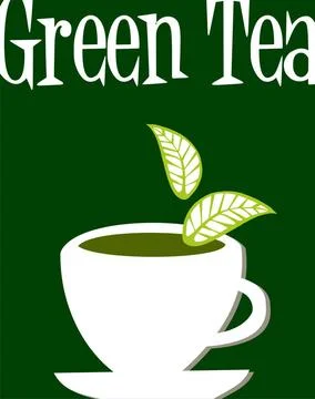 Green tea label White cup full of green tea and leaves falling down. Green... Stock Photos