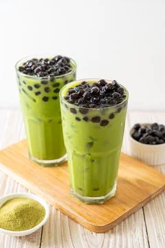 Green tea latte with bubble Stock Photos