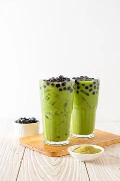 Green tea latte with bubble Stock Photos