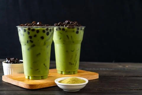 Green tea latte with bubble Stock Photos