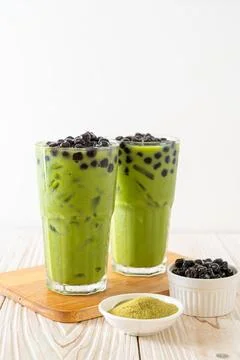 Green tea latte with bubble Stock Photos