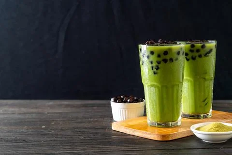 Green tea latte with bubble Stock Photos