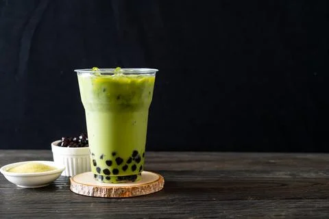 Green tea latte with bubble Stock Photos