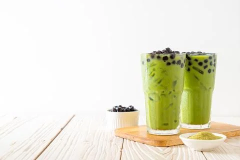 Green tea latte with bubble Stock Photos