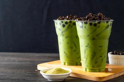 Green tea latte with bubble Stock Photos