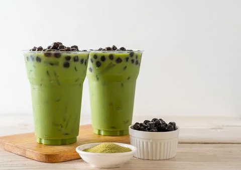 Green tea latte with bubble Stock Photos