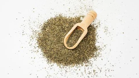 A green tea leaf on a white background. Stock Photos