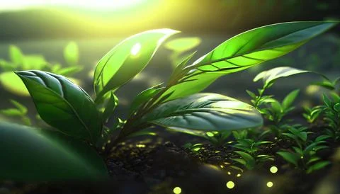 Green tea leaves illuminated by the rays of the sun Stock Illustration