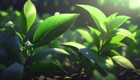 Green tea leaves illuminated by the rays of the sun Stock Illustration