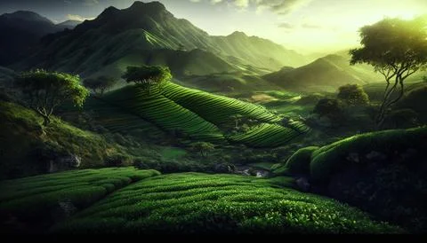 Green tea leaves illuminated by the rays of the sun Stock Illustration