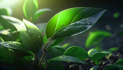 Green tea leaves illuminated by the rays of the sun Stock Illustration
