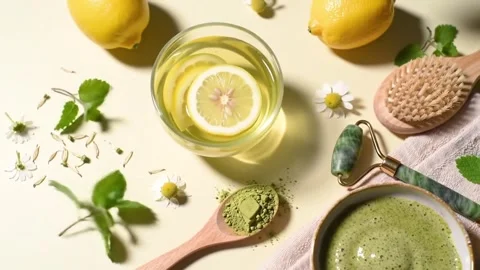 Green Tea &amp; Lemon Ritual  Flat Lay of Herbal Citrus Skincare Setup Stock Footage 307430026