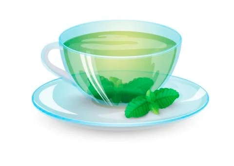 Green tea with mint in a transparent cup isolated on whitet background. Stock Illustration
