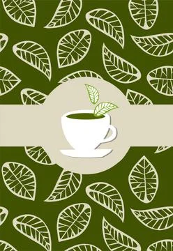 Green tea package label beige leaves on green background vector with green... Stock Photos
