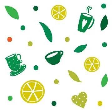 Green tea pattern seamless vector illustration with tea leaves, teacups, and Illustrazione stock