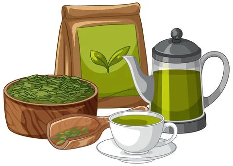 Green Tea Set with Teapot Cup Dried Leaves and Packaging Stock Illustration