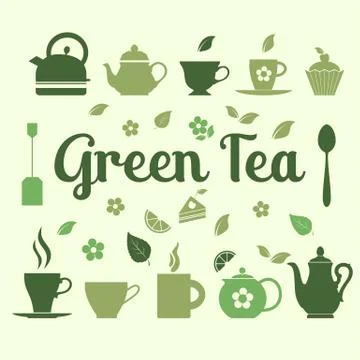 Green tea set vector icons on green background. Stock Illustration