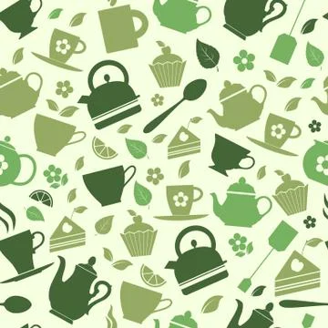 Green tea set vector icons on green background. seamless pattern. 스톡 일러스트