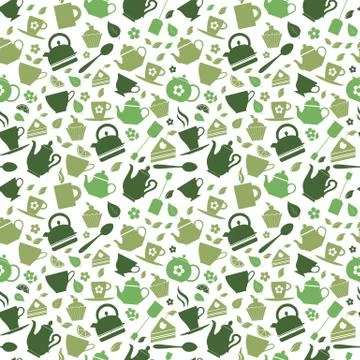 Green tea set vector icons on green background. seamless pattern. Stock Illustration