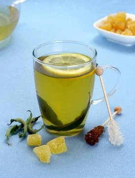 Green tea with sugared ginger and candy canes Stock Photos