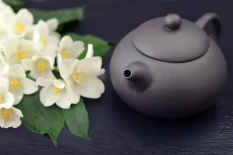 Green tea in teapot Stock Photos